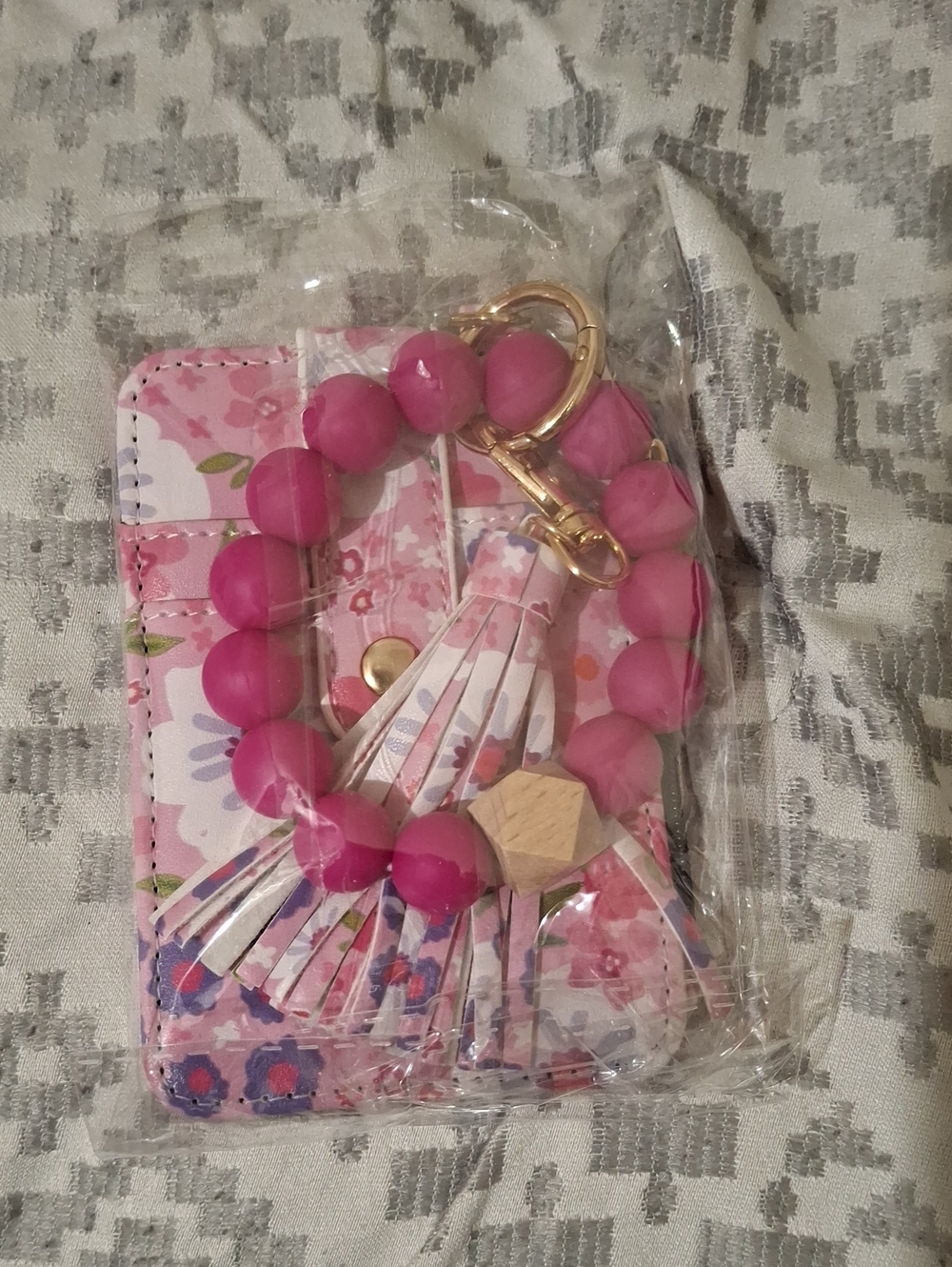 Pink Floral Tassel Wristlet Wallet Keychain with Beaded Bracelet